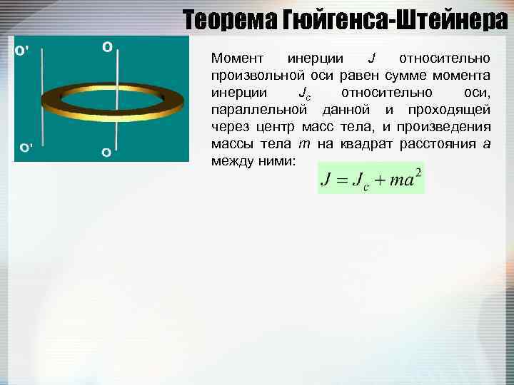 Теорема Гюйгенса-Штейнера Момент инерции J относительно произвольной оси равен сумме момента инерции Jc относительно