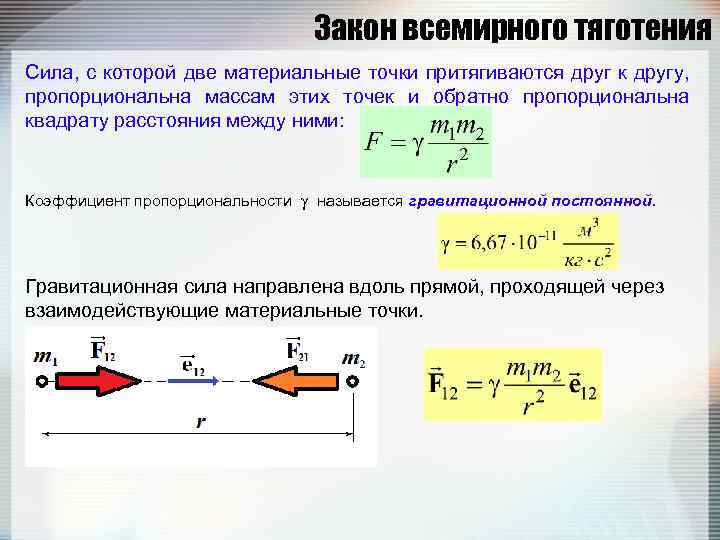 Закон всемирного тяготения Сила, с которой две материальные точки притягиваются друг к другу, пропорциональна
