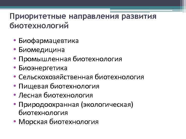 Приоритетные направления развития биотехнологий Биофармацевтика Биомедицина Промышленная биотехнология Биоэнергетика Сельскохозяйственная биотехнология Пищевая биотехнология Лесная