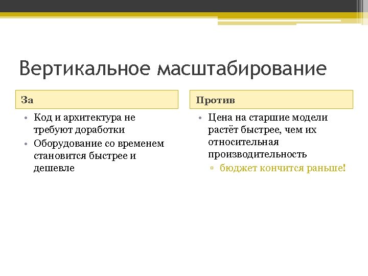 Вертикальное масштабирование За Против • Код и архитектура не требуют доработки • Оборудование со