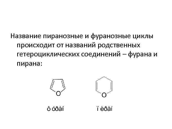 Название пиранозные и фуранозные циклы происходит от названий родственных гетероциклических соединений – фурана и