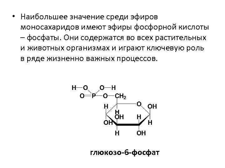  • Наибольшее значение среди эфиров моносахаридов имеют эфиры фосфорной кислоты – фосфаты. Они