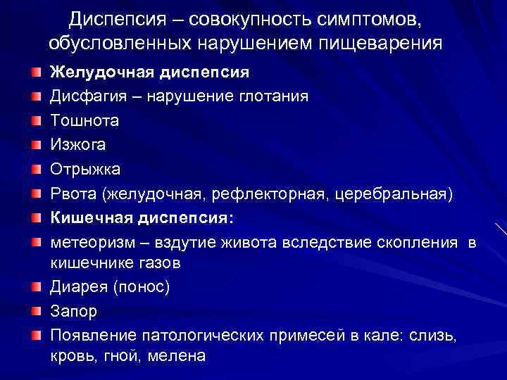 Диспепсия – совокупность симптомов, обусловленных нарушением пищеварения Желудочная диспепсия Дисфагия – нарушение глотания Тошнота