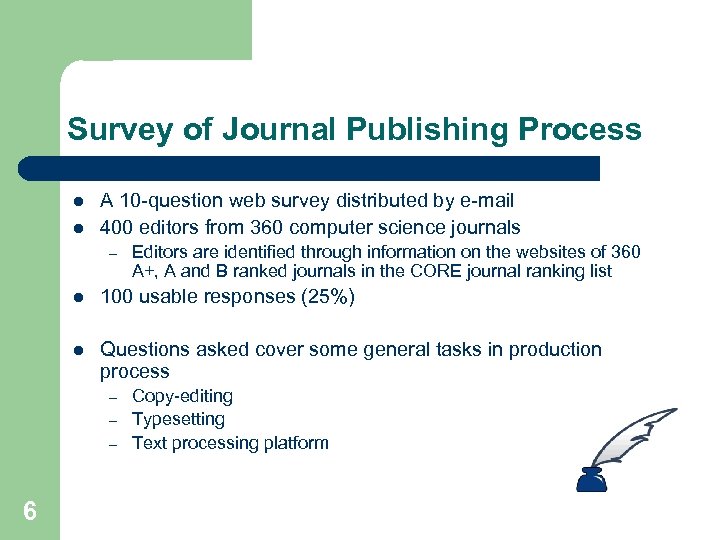 Survey of Journal Publishing Process l l A 10 -question web survey distributed by