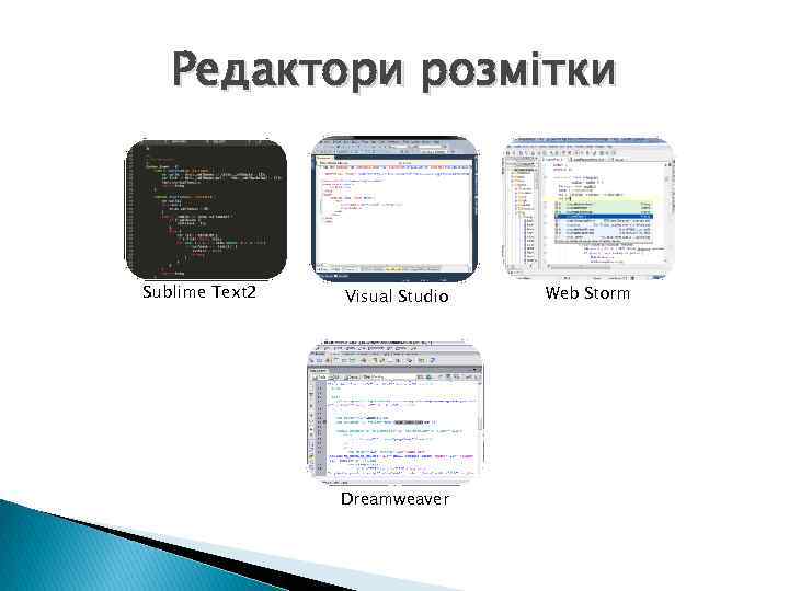 Редактори розмітки Sublime Text 2 Visual Studio Dreamweaver Web Storm 