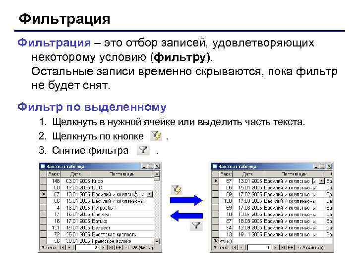 Фильтрация – это отбор записей, удовлетворяющих некоторому условию (фильтру). Остальные записи временно скрываются, пока