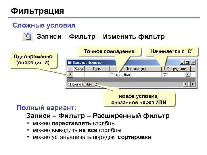 Фильтрация Сложные условия Записи – Фильтр – Изменить фильтр Одновременно (операция И) Точное совпадение