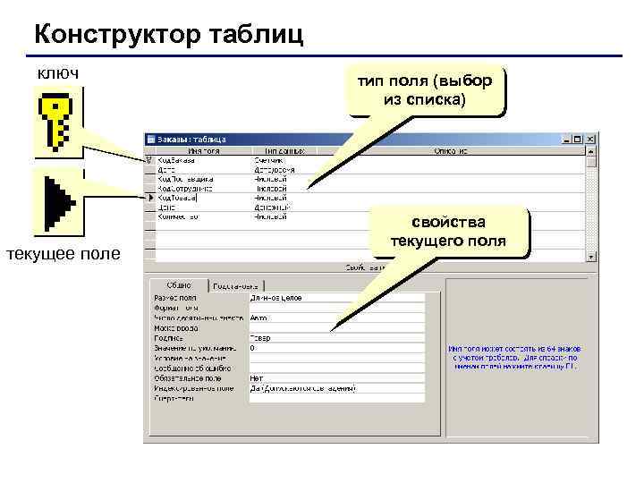 Конструктор таблиц ключ текущее поле тип поля (выбор из списка) свойства текущего поля 