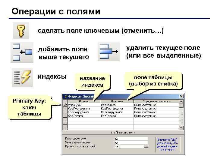 Операции с полями сделать поле ключевым (отменить…) добавить поле выше текущего индексы Primary Key: