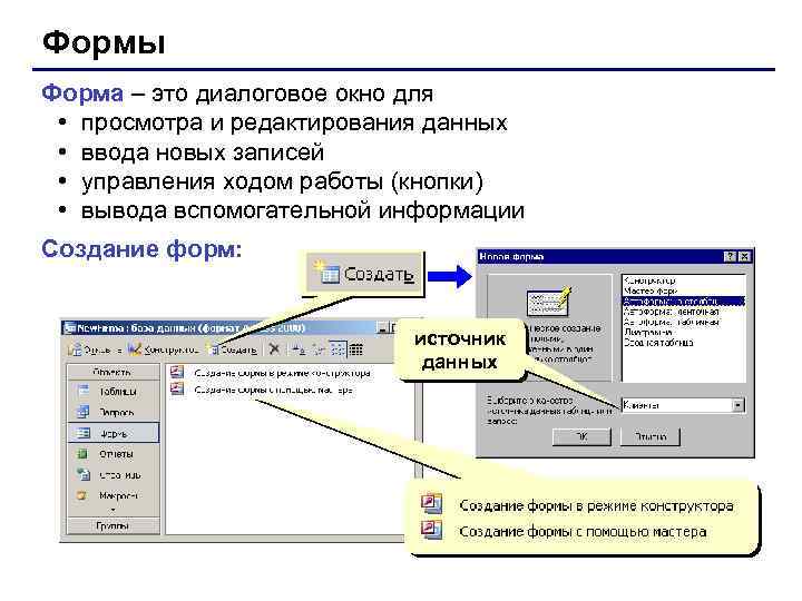 Формы Форма – это диалоговое окно для • просмотра и редактирования данных • ввода