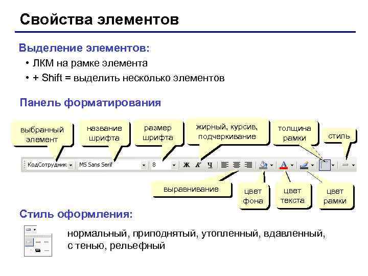 Свойства элементов Выделение элементов: • ЛКМ на рамке элемента • + Shift = выделить