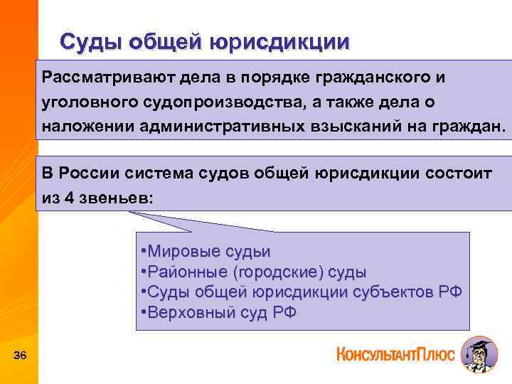 Суды общей юрисдикции Рассматривают дела в порядке гражданского и уголовного судопроизводства, а также дела