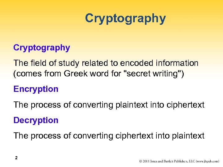 Cryptography The field of study related to encoded information (comes from Greek word for