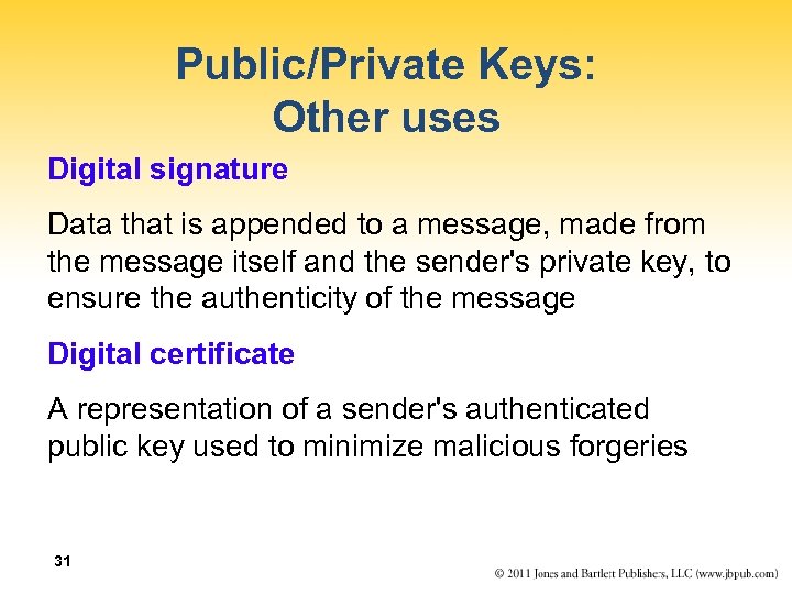 Public/Private Keys: Other uses Digital signature Data that is appended to a message, made