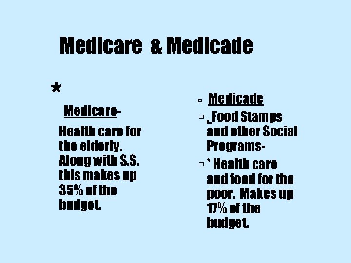 Medicare & Medicade * Medicare. Health care for the elderly. Along with S. S.