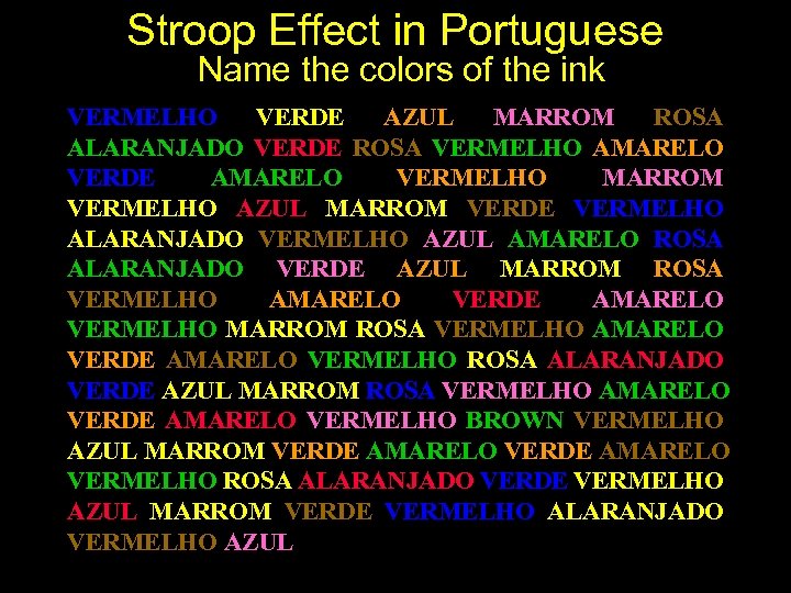 Stroop Effect in Portuguese Name the colors of the ink VERMELHO VERDE AZUL MARROM