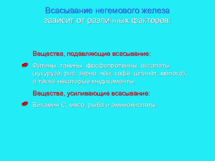 Всасывание негемового железа зависит от различных факторов: Вещества, подавляющие всасывание: Фитины, танины, фосфопротеины, оксалаты