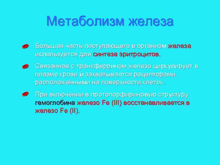 Метаболизм железа Большая часть поступающего в организм железа используется для синтеза эритроцитов. Связанное с