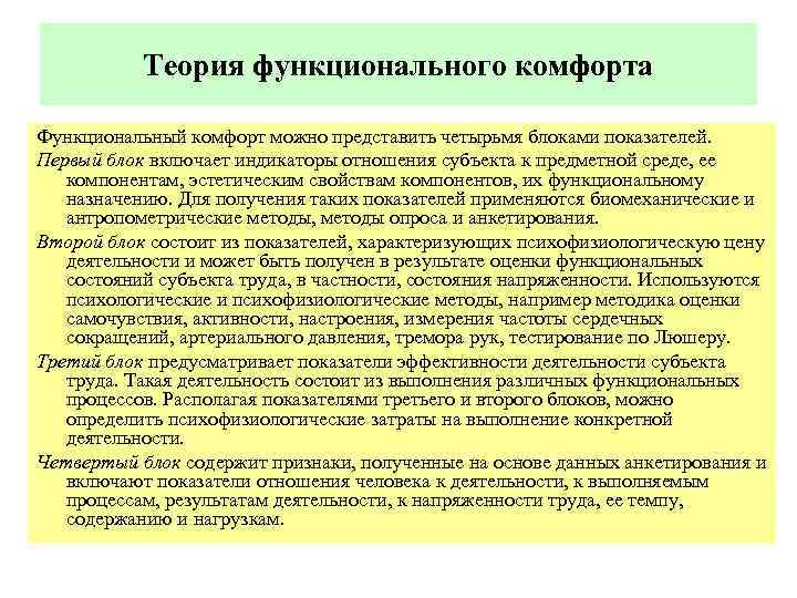 Теория функционального комфорта Функциональный комфорт можно представить четырьмя блоками показателей. Первый блок включает индикаторы