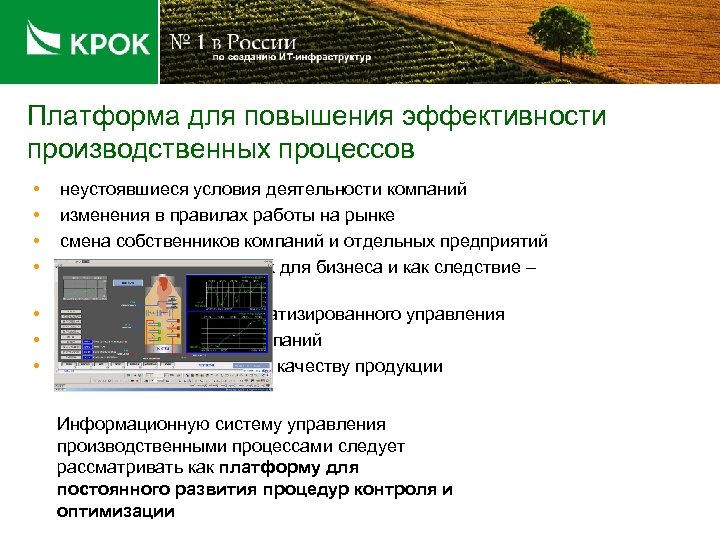 Платформа для повышения эффективности производственных процессов • • неустоявшиеся условия деятельности компаний изменения в