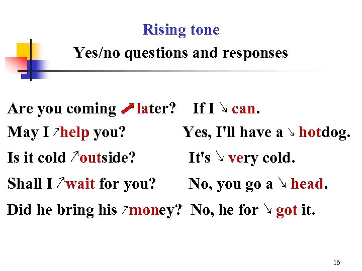 Rising tone Yes/no questions and responses n Are you coming later? If I ↘