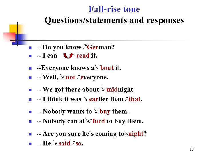 Fall-rise tone Questions/statements and responses n n n n n -- Do you know