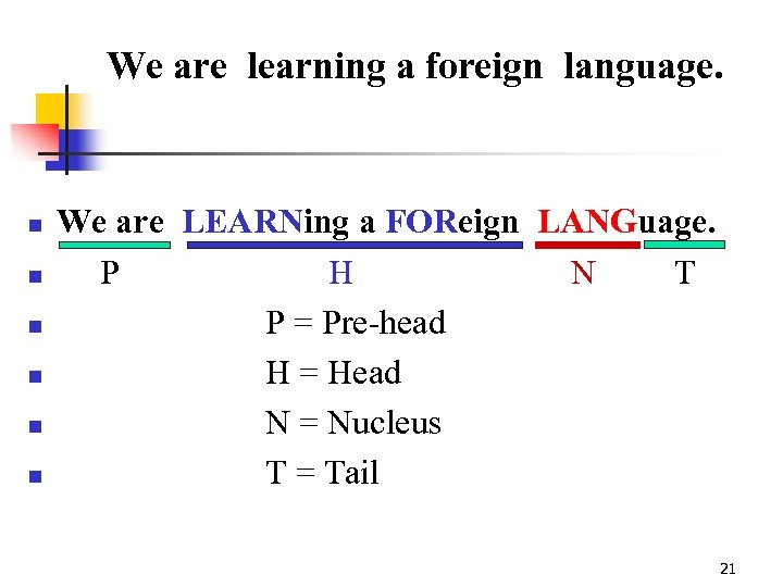 We are learning a foreign language. n n n We are LEARNing a FOReign