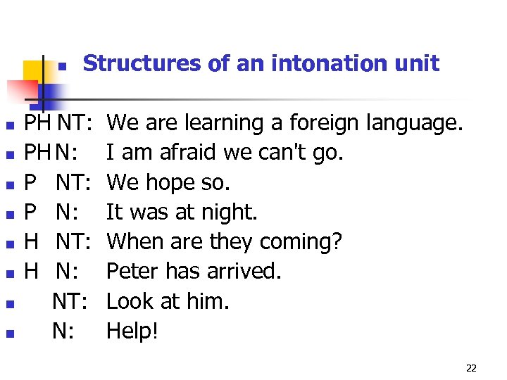 n n n n n Structures of an intonation unit PH NT: PH N: