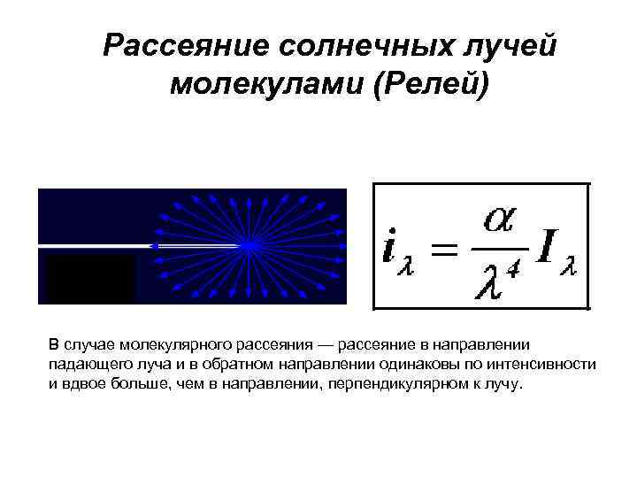 Рассеяние солнечных лучей молекулами (Релей) В случае молекулярного рассеяния — рассеяние в направлении падающего