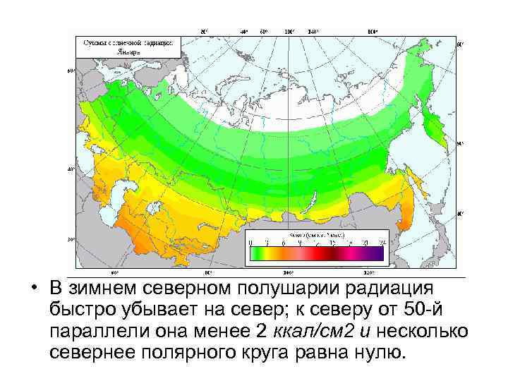  • В зимнем северном полушарии радиация быстро убывает на север; к северу от