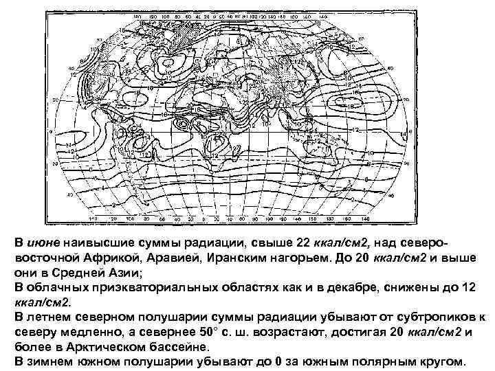 В июне наивысшие суммы радиации, свыше 22 ккал/см 2, над северовосточной Африкой, Аравией, Иранским