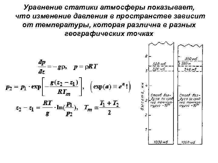 Уравнение статики атмосферы показывает, что изменение давления в пространстве зависит от температуры, которая различна