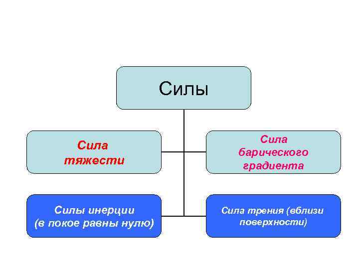 Силы Сила тяжести Сила барического градиента Силы инерции (в покое равны нулю) Сила трения