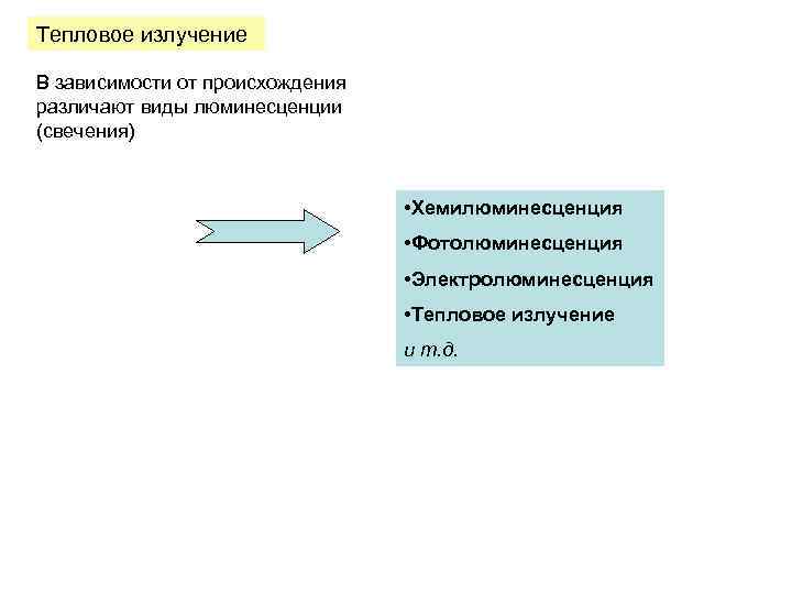 Тепловое излучение В зависимости от происхождения различают виды люминесценции (свечения) • Хемилюминесценция • Фотолюминесценция