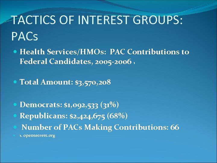 TACTICS OF INTEREST GROUPS: PACs Health Services/HMOs: PAC Contributions to Federal Candidates, 2005 -2006