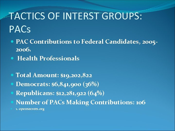 TACTICS OF INTERST GROUPS: PACs PAC Contributions to Federal Candidates, 200520061 Health Professionals Total