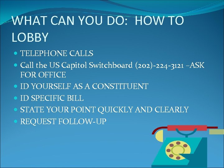 WHAT CAN YOU DO: HOW TO LOBBY TELEPHONE CALLS Call the US Capitol Switchboard