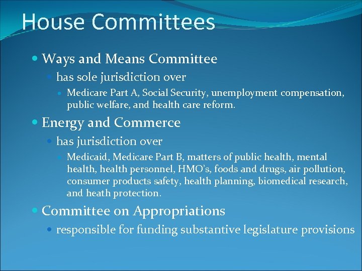 House Committees Ways and Means Committee has sole jurisdiction over Medicare Part A, Social