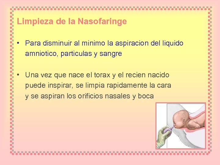 Limpieza de la Nasofaringe • Para disminuir al minimo la aspiracion del liquido amniotico,