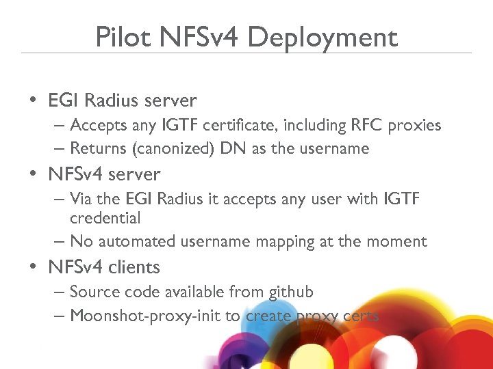 Pilot NFSv 4 Deployment • EGI Radius server – Accepts any IGTF certificate, including