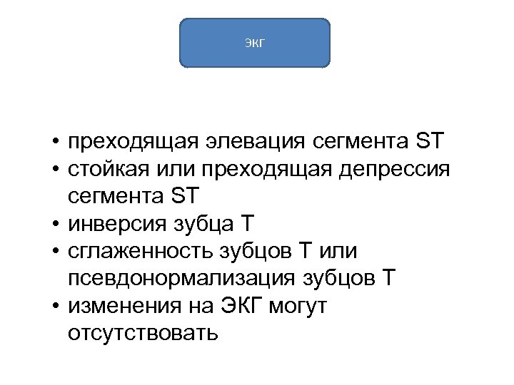 ЭКГ • преходящая элевация сегмента ST • стойкая или преходящая депрессия сегмента ST •