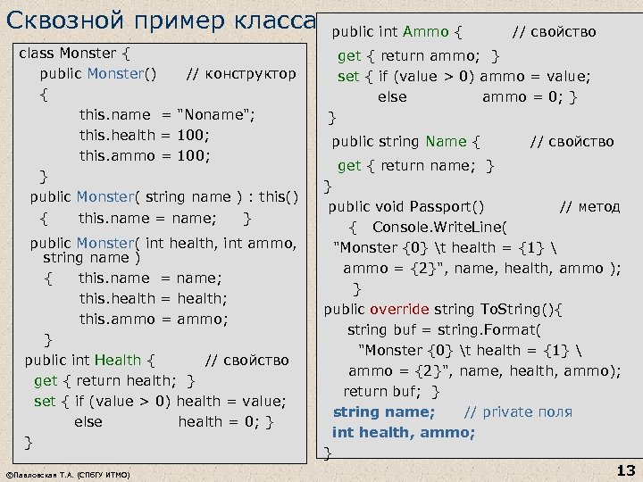 Сквозной пример класса public int Ammo { // свойство class Monster { public Monster()