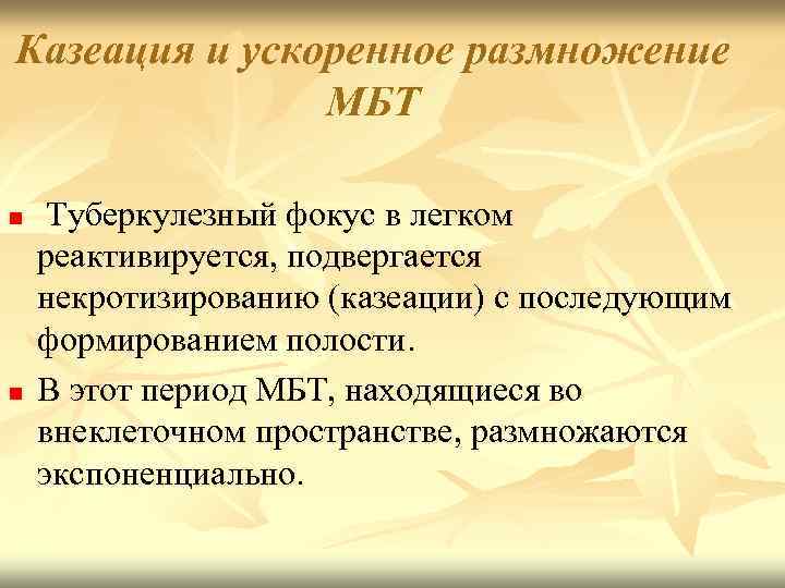 Казеация и ускоренное размножение МБТ n n Туберкулезный фокус в легком реактивируется, подвергается некротизированию