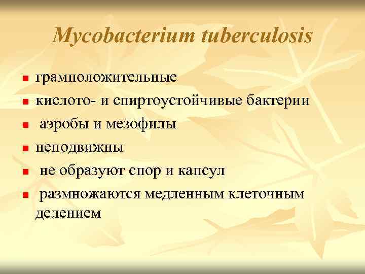 Mycobacterium tuberculosis n n n грамположительные кислото- и спиртоустойчивые бактерии аэробы и мезофилы неподвижны