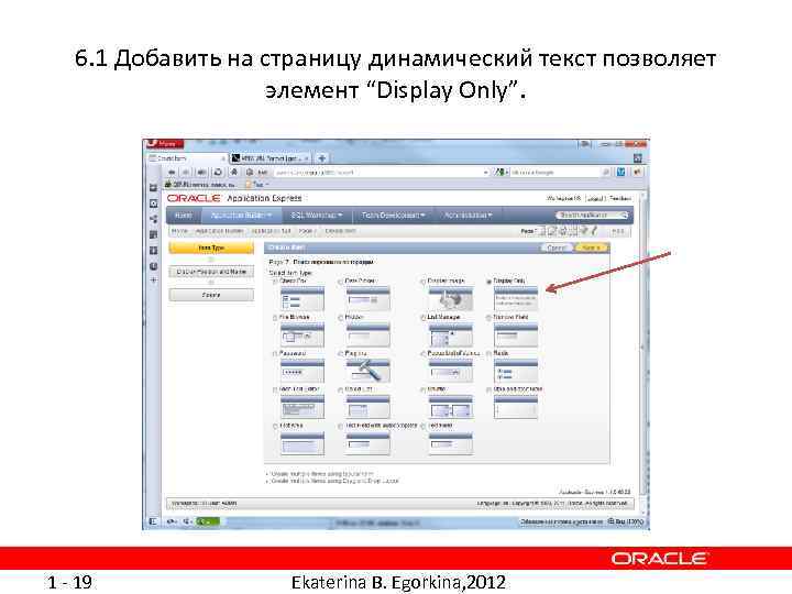 6. 1 Добавить на страницу динамический текст позволяет элемент “Display Only”. 1 - 19