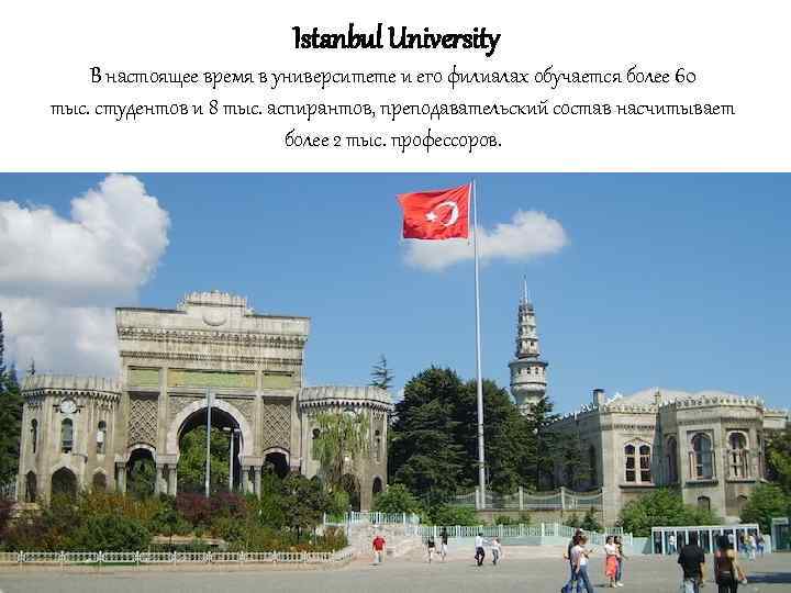 Istanbul University В настоящее время в университете и его филиалах обучается более 60 тыс.