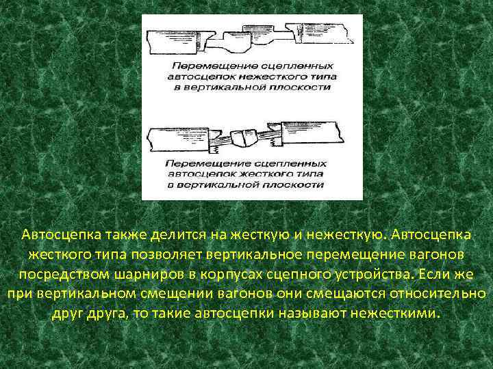 Автосцепка также делится на жесткую и нежесткую. Автосцепка жесткого типа позволяет вертикальное перемещение вагонов