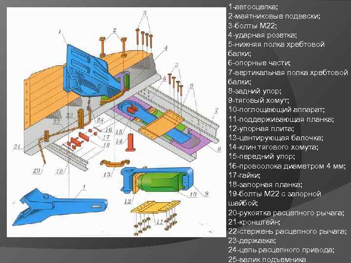 1 -автосцепка; 2 -маятниковые подвески; 3 -болты М 22; 4 -ударная розетка; 5 -нижняя