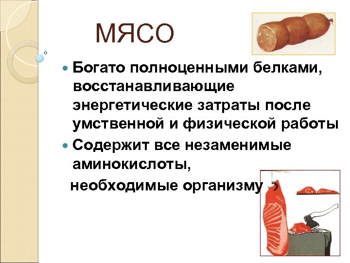 МЯСО Богато полноценными белками, восстанавливающие энергетические затраты после умственной и физической работы Содержит все