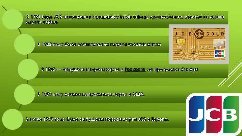 С 1981 года JCB агрессивно расширяет свою сферу деятельности, выходя на рынки других стран.